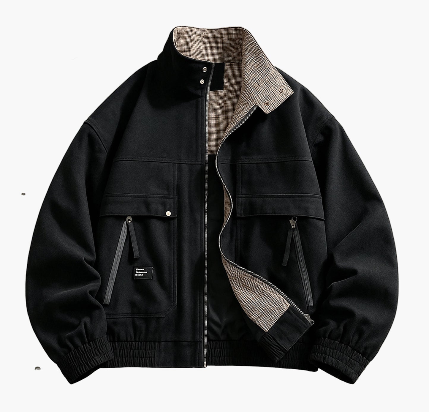 Men’s Casual Bomber Jacket – Black Zip-Up with Beige Collar