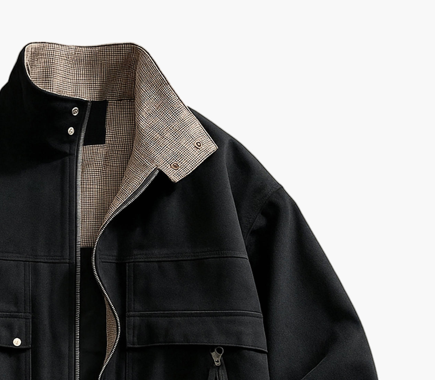 Men’s Casual Bomber Jacket – Black Zip-Up with Beige Collar