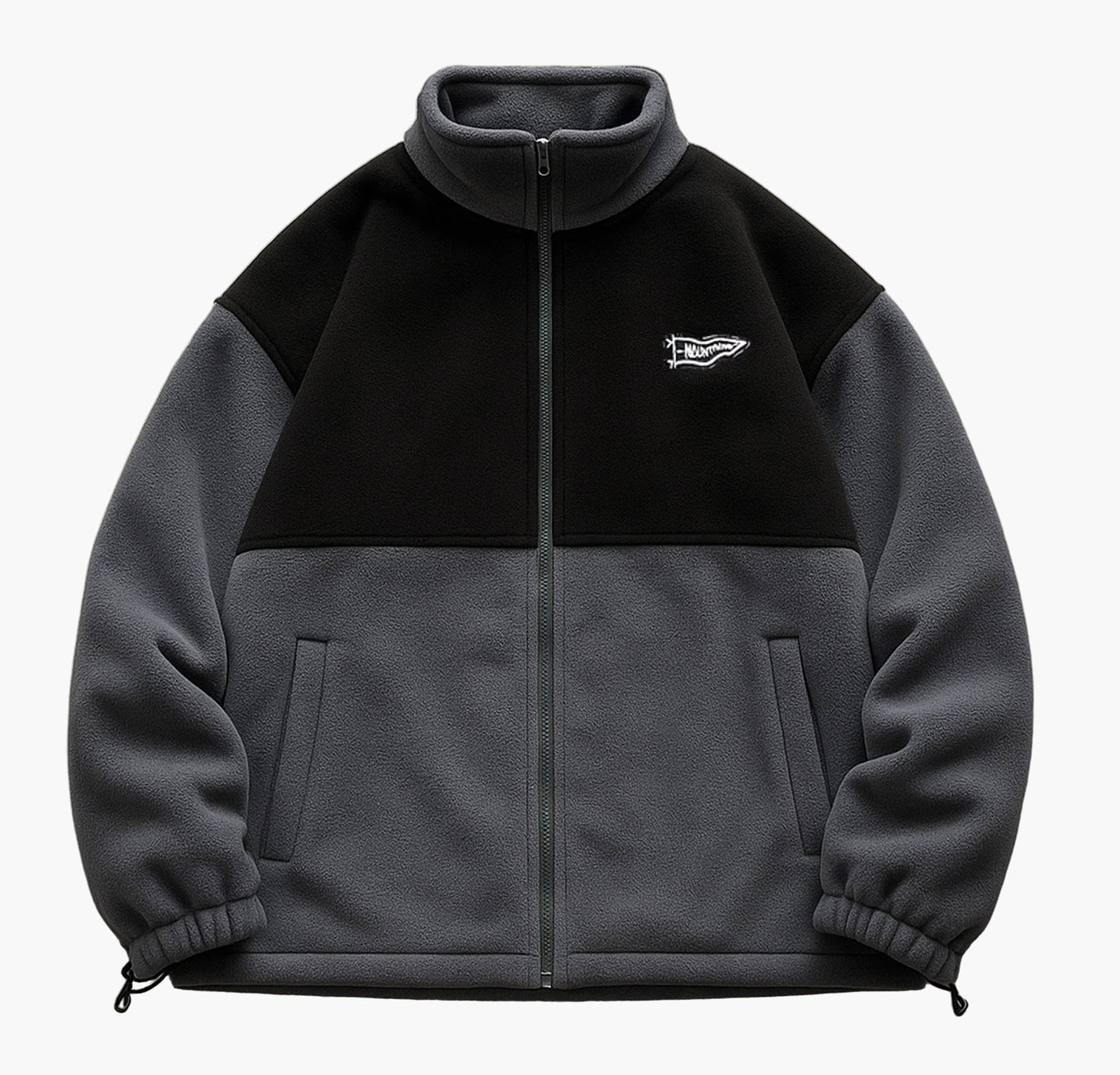 Men’s Color Block Jacket – Black & Gray Zip-Up Casual Coat with Stand Collar