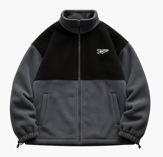 Men’s Color Block Jacket – Black & Gray Zip-Up Casual Coat with Stand Collar