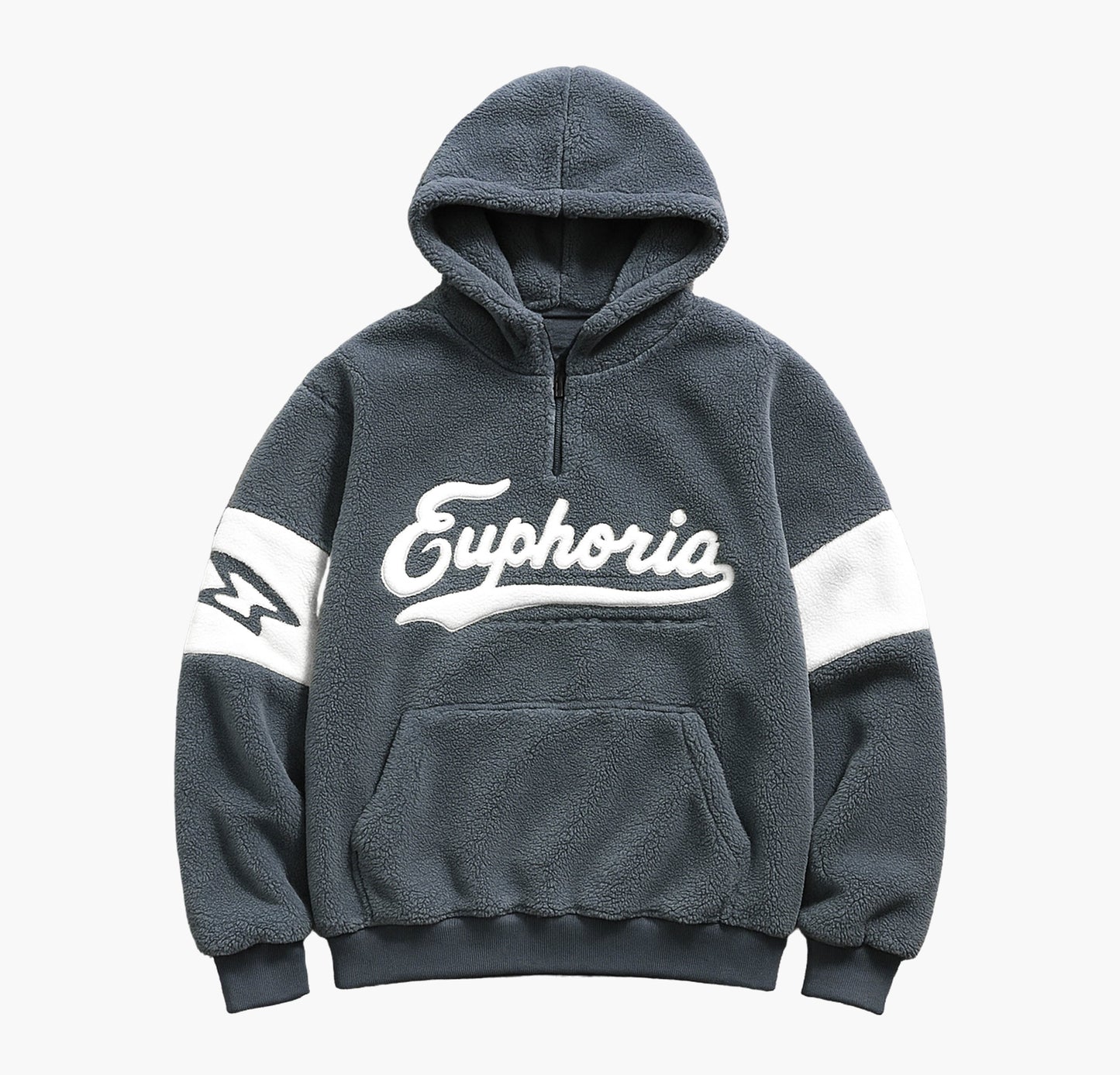 Men’s Fleece Hoodie – Gray Winter Pullover with “Euporia” Embroidered Lettering