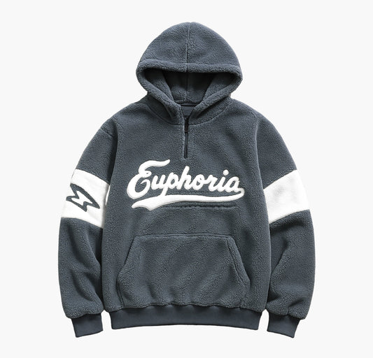 Men’s Fleece Hoodie – Gray Winter Pullover with “Euporia” Embroidered Lettering