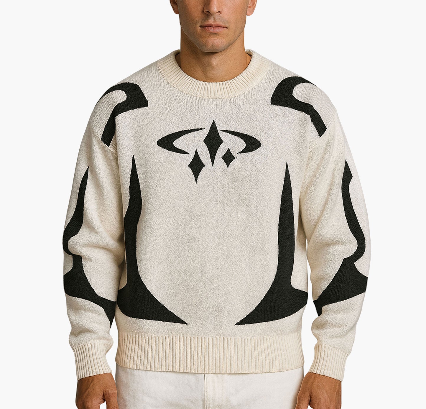 Men’s Casual Graphic Print Knit Sweater – Black & White Abstract Design Pullover