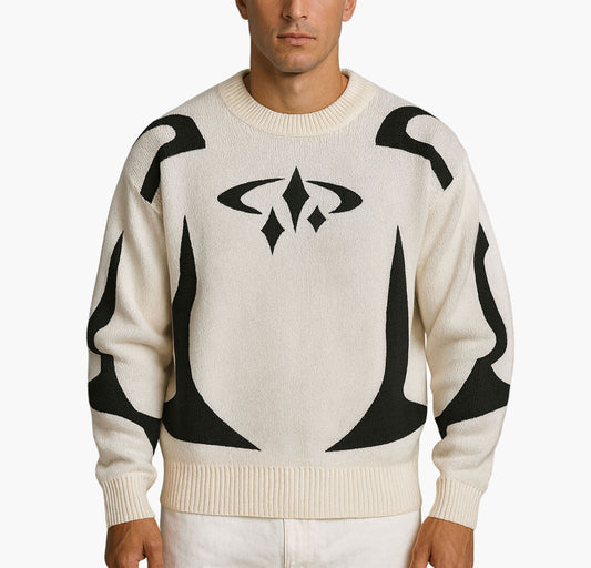 Men’s Casual Graphic Print Knit Sweater – Black & White Abstract Design Pullover