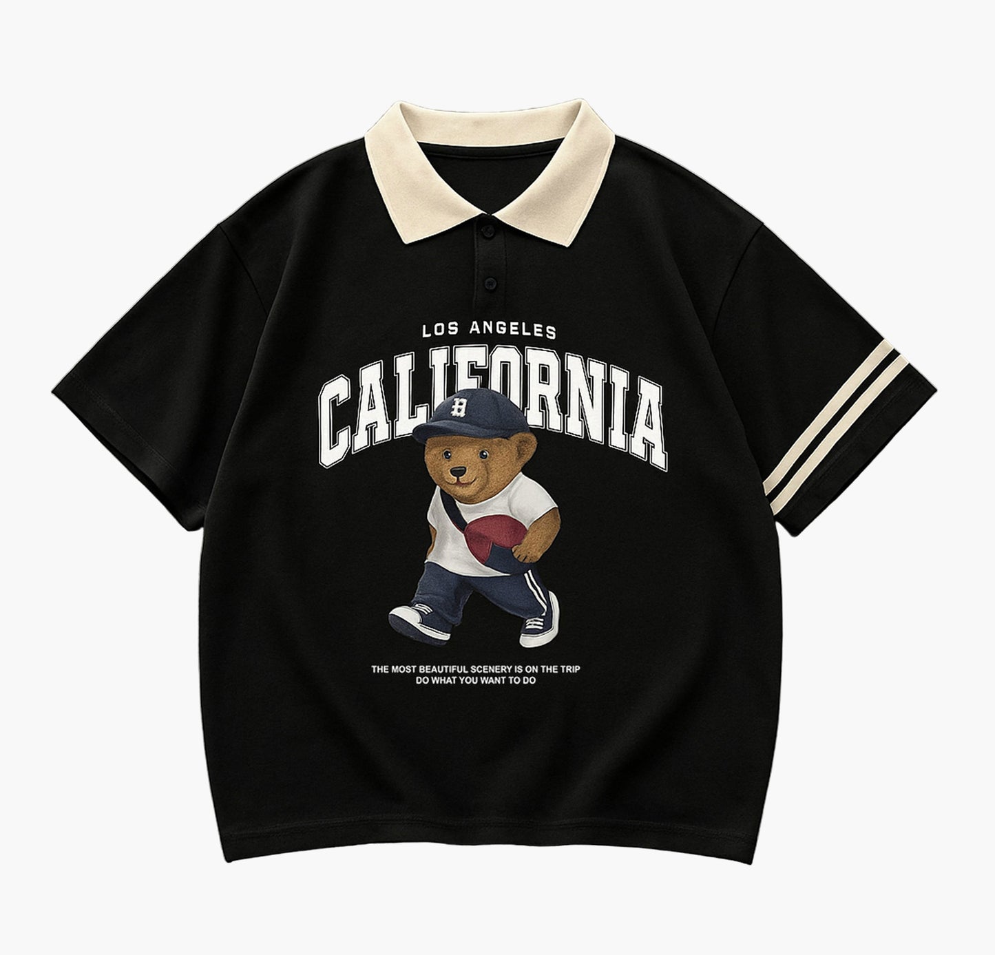 Men’s Bear Graphic Polo Shirt – Casual Knit Polo with Button Details